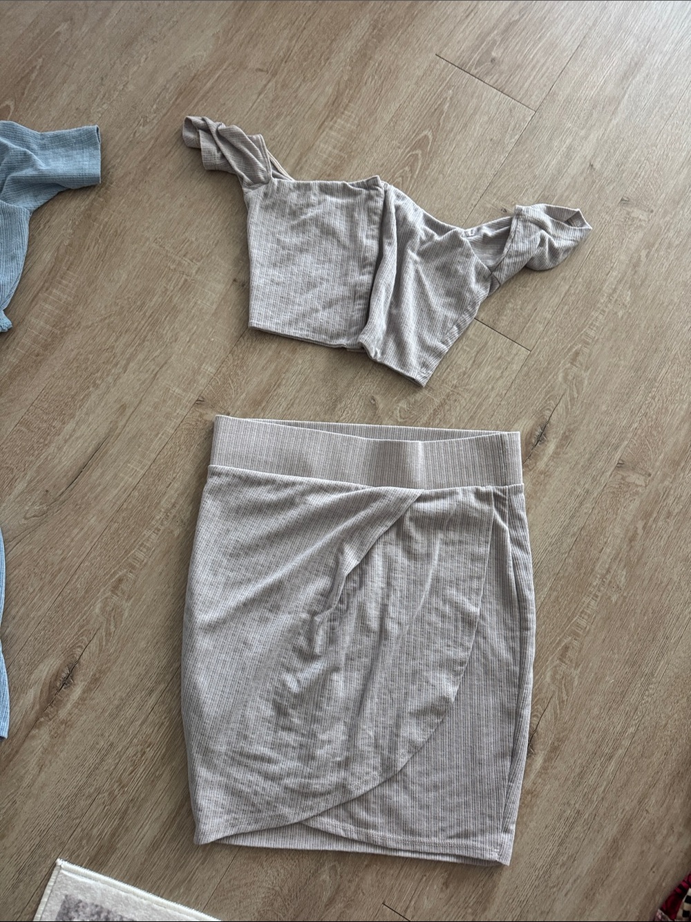 Ribbed Wrap Front Mini Skirt set- Beige